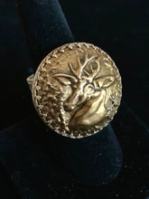 Load image into Gallery viewer, Vintage Brass Button Stag Ring on Adjustable Sterling Silver Band