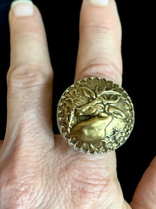 Vintage Brass Button Stag Ring on Adjustable Sterling Silver Band