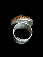 Load image into Gallery viewer, Vintage Brass Button Stag Ring on Adjustable Sterling Silver Band
