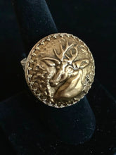 Load image into Gallery viewer, Vintage Brass Button Stag Ring on Adjustable Sterling Silver Band
