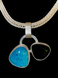 SOLD Double Turquoise and Onyx Pendant on Viking Knit Chain
