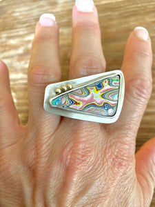 Adjustable Fordite Ring with Gold Balls