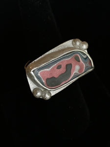 Adjustable Fordite Ring with Sterling Silver Balls