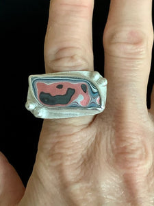 Adjustable Fordite Ring with Sterling Silver Balls