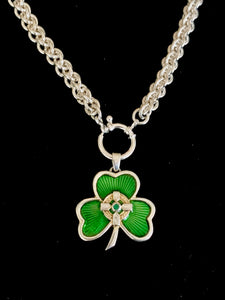 Shamrock Pendant on Sterling Silver Chainmail Necklace